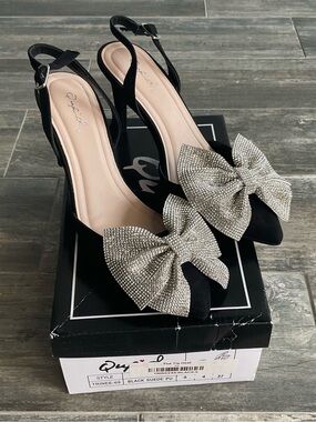 Qupid Black Slingback Heels with Crystal Bow Accent